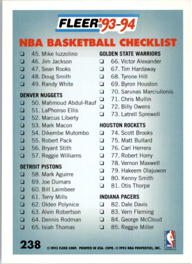 1993-94 Fleer Basketball Card Pick 1-250 - Picture 465 of 489