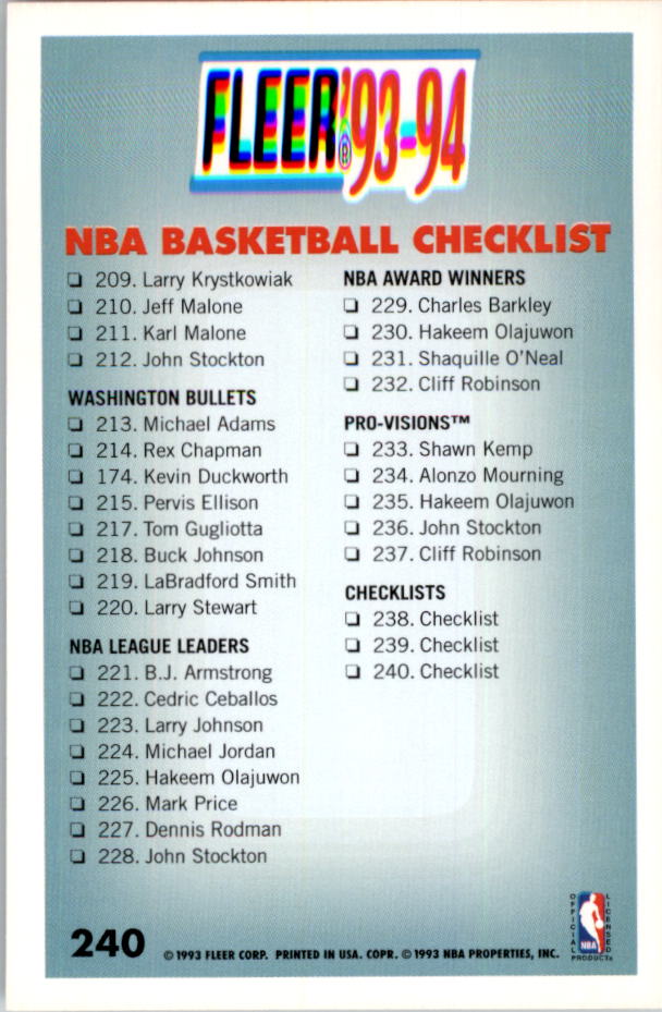 1993-94 Fleer Basketball Card Pick 1-250 - Picture 469 of 489