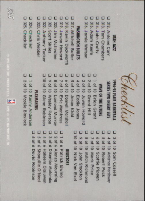 1994/1995 Flair (Fleer) Basketball Part 2 Main Set Cards #251 to #326 - Picture 141 of 141