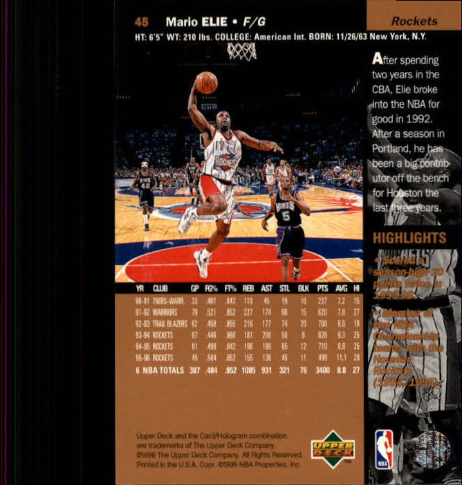 1996/1997 Upper Deck Basketball Part 1 Main Set Cards #1 to #180 - Picture 73 of 267