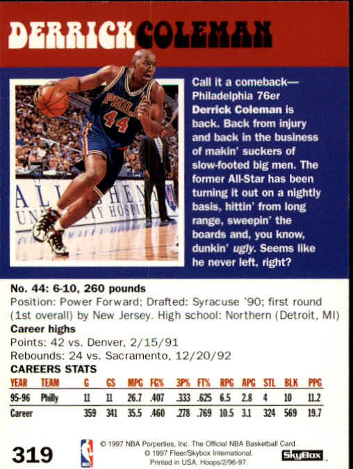 1996/1997 Hoops Basketball "Main Set" Base Cards #201 to #350 - Picture 204 of 257