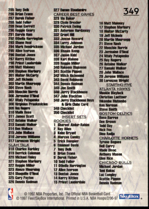 1996/1997 Hoops Basketball "Main Set" Base Cards #201 to #350 - Picture 255 of 257