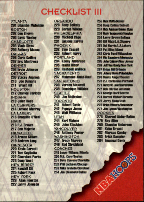 1996/1997 Hoops Basketball "Main Set" Base Cards #201 to #350 - Picture 254 of 257