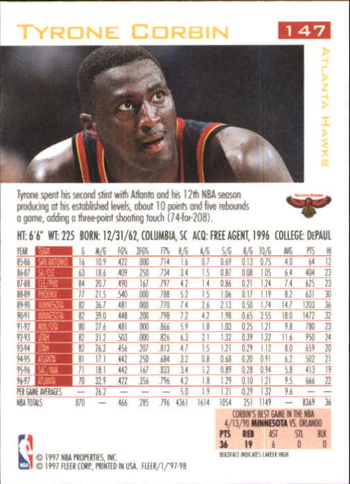 1997/1998 Fleer Basketball Part 1 Main Set Cards - Picture 217 of 347