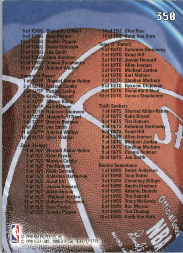 1997/1998 Fleer Basketball Part 1 Main Set Cards - Picture 347 of 347