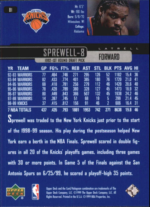 1999/2000 Upper Deck Basketball Part 1 Main Set - Picture 162 of 458