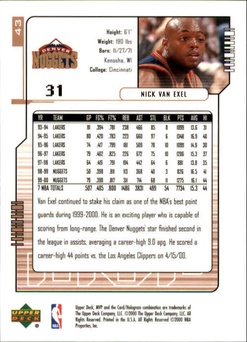 2000/2001 MVP (Upper Deck) Basketball Part 1 Main Set Cards - Picture 77 of 397