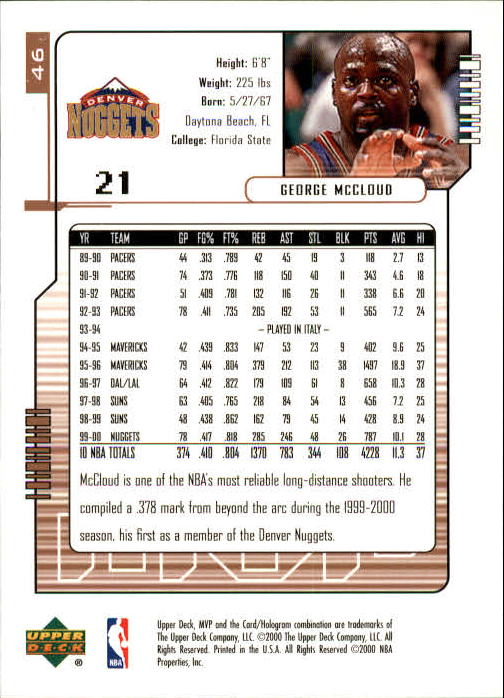 2000/2001 MVP (Upper Deck) Basketball Part 1 Main Set Cards - Picture 83 of 397