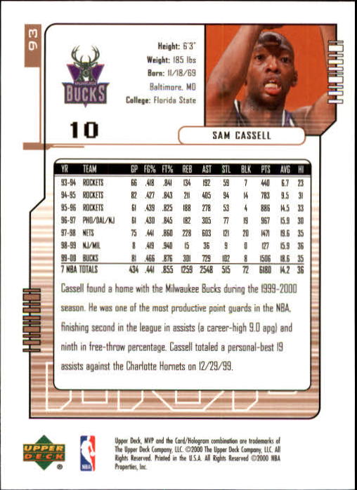2000/2001 MVP (Upper Deck) Basketball Part 1 Main Set Cards - Picture 165 of 397