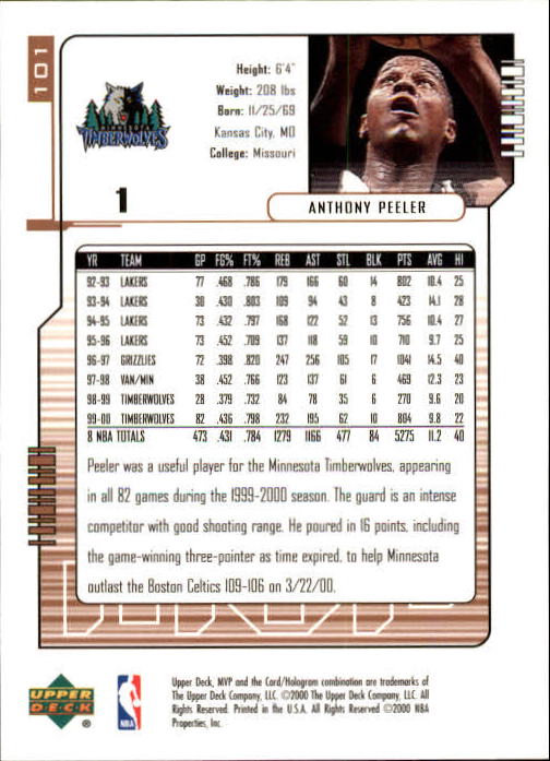 2000/2001 MVP (Upper Deck) Basketball Part 1 Main Set Cards - Picture 181 of 397