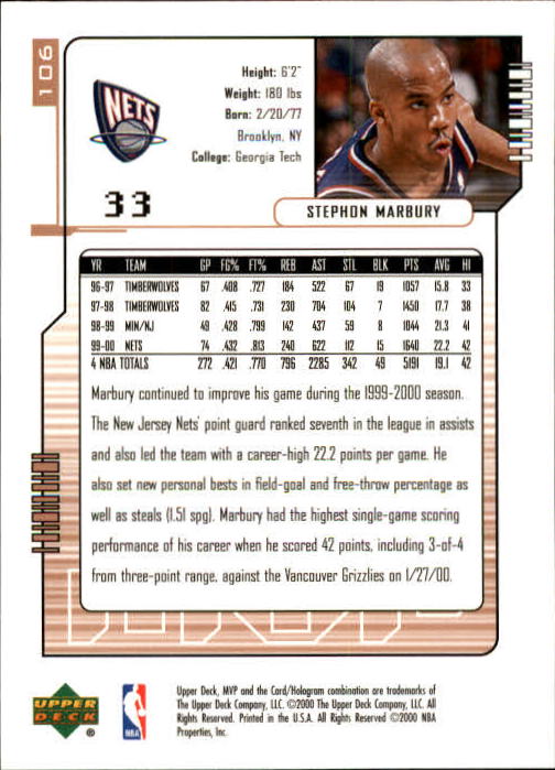 2000/2001 MVP (Upper Deck) Basketball Part 1 Main Set Cards - Picture 191 of 397