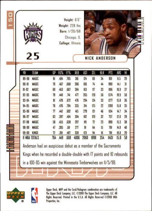 2000/2001 MVP (Upper Deck) Basketball Part 1 Main Set Cards - Picture 277 of 397