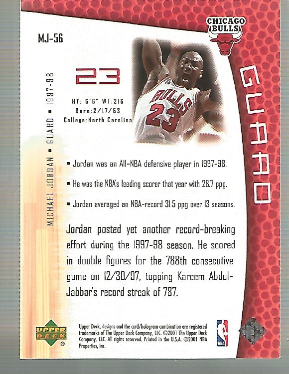 2001/2002 Upper Deck baloncesto parte 2 MJ's tarjetas traseras - Imagen 93 de 147
