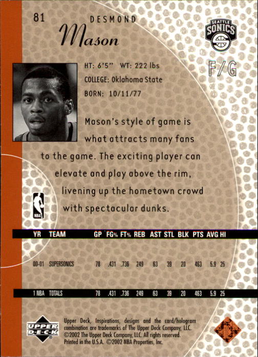 2001/2002 Inspirations (Upper Deck) Basketball - Picture 161 of 265