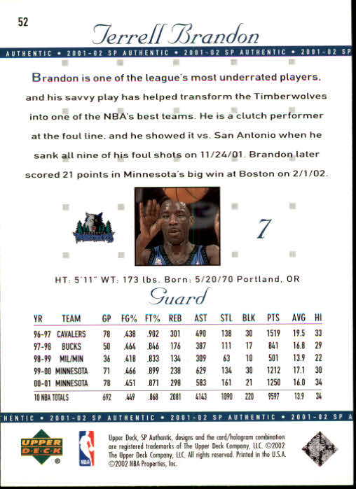 2001-02 SP Authentic Basketball Card Pick - Picture 103 of 224