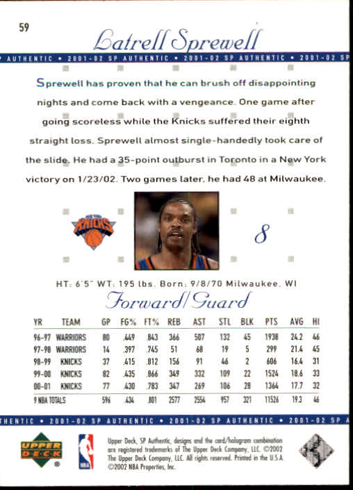 2001-02 SP Authentic Basketball Card Pick - Picture 117 of 224