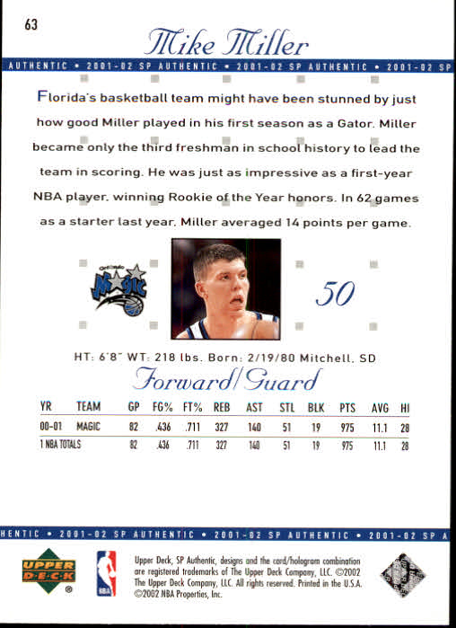 2001-02 SP Authentic Basketball Card Pick - Picture 125 of 224