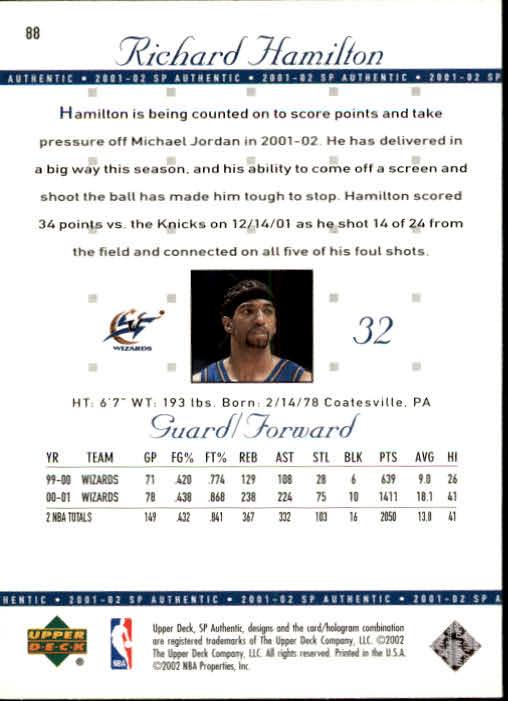 2001-02 SP Authentic Basketball Card Pick - Picture 175 of 224