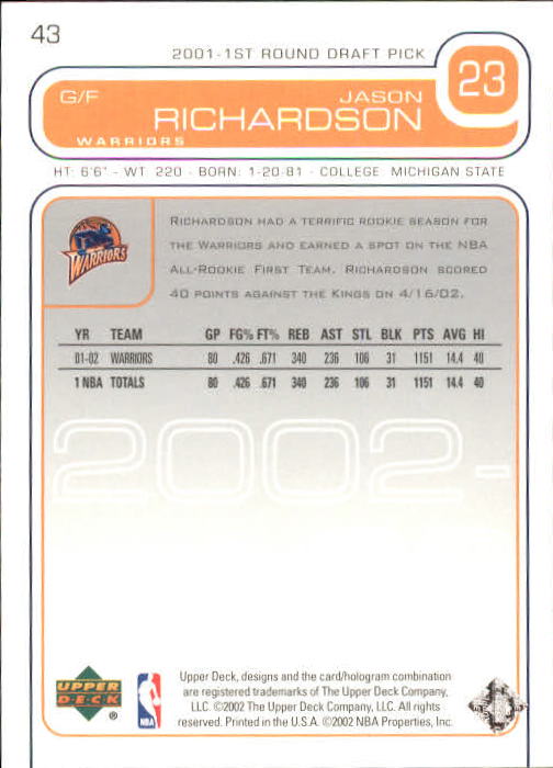 2002/2003 Upper Deck Basketball Part 1 Main Set Cards #1 to #260 - Picture 87 of 499
