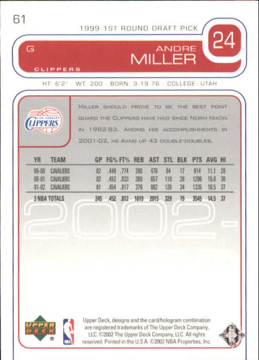 2002/2003 Upper Deck Basketball Part 1 Main Set Cards #1 to #260 - Picture 123 of 499
