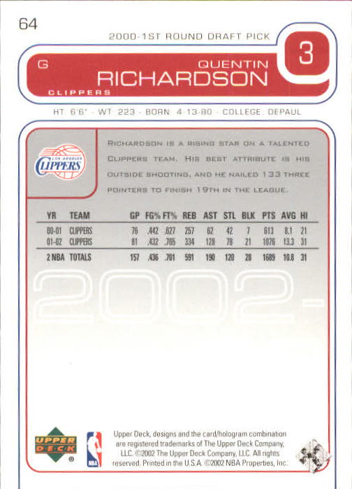 2002/2003 Upper Deck Basketball Part 1 Main Set Cards #1 to #260 - Picture 129 of 499