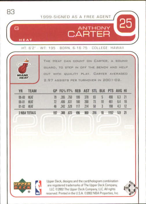 2002/2003 Upper Deck Basketball Part 1 Main Set Cards #1 to #260 - Picture 167 of 499
