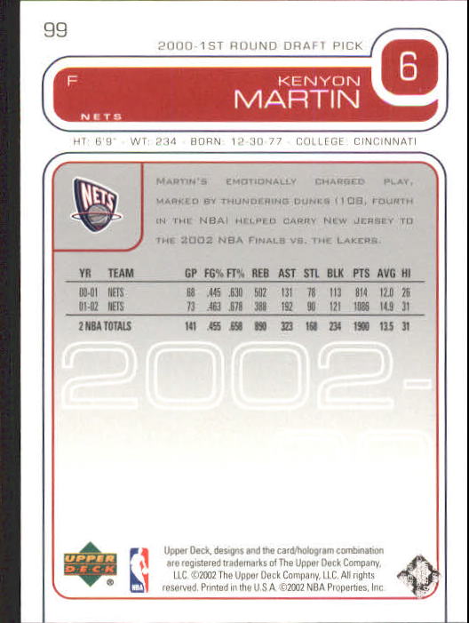 2002/2003 Upper Deck Basketball Part 1 Main Set Cards #1 to #260 - Picture 199 of 499