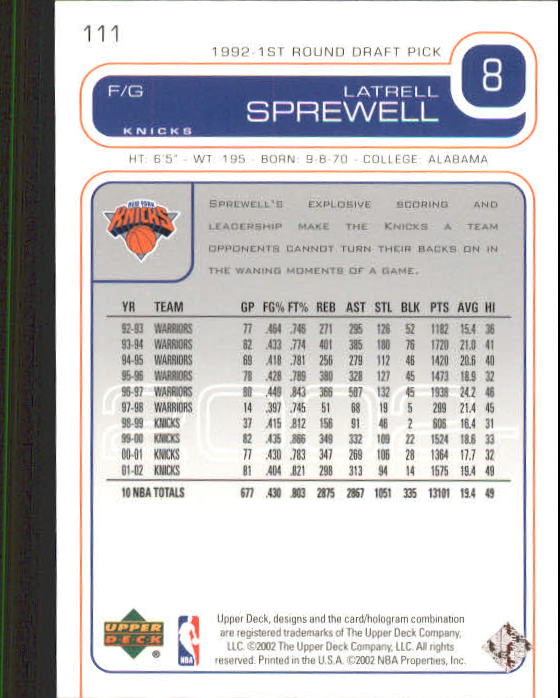 2002/2003 Upper Deck Basketball Part 1 Main Set Cards #1 to #260 - Picture 223 of 499
