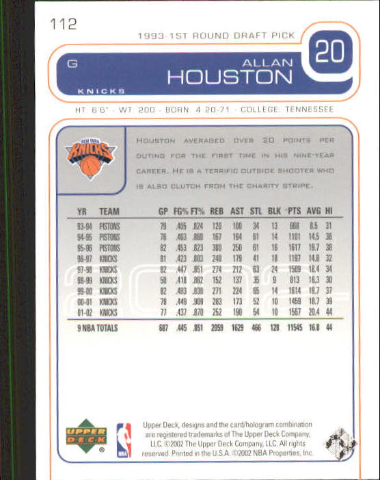 2002/2003 Upper Deck Basketball Part 1 Main Set Cards #1 to #260 - Picture 225 of 499