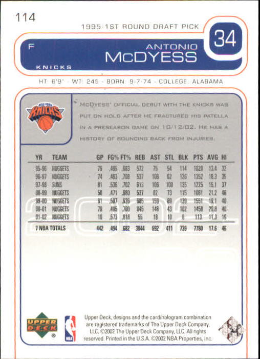 2002/2003 Upper Deck Basketball Part 1 Main Set Cards #1 to #260 - Picture 229 of 499