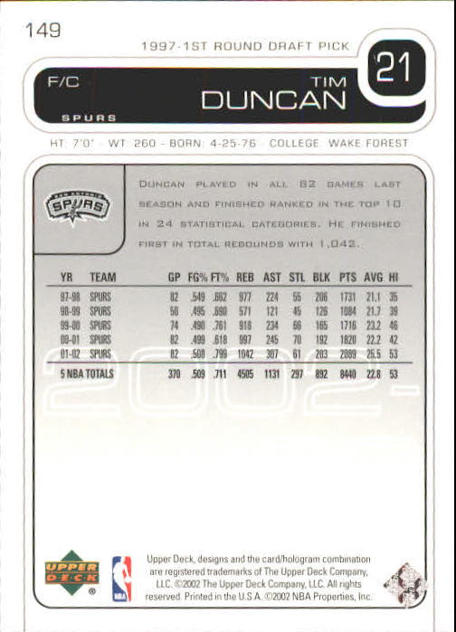 2002/2003 Upper Deck Basketball Part 1 Main Set Cards #1 to #260 - Picture 299 of 499