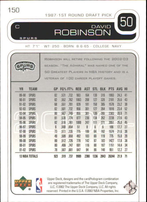 2002/2003 Upper Deck Basketball Part 1 Main Set Cards #1 to #260 - Picture 301 of 499