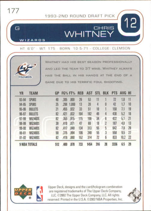 2002/2003 Upper Deck Basketball Part 1 Main Set Cards #1 to #260 - Picture 355 of 499