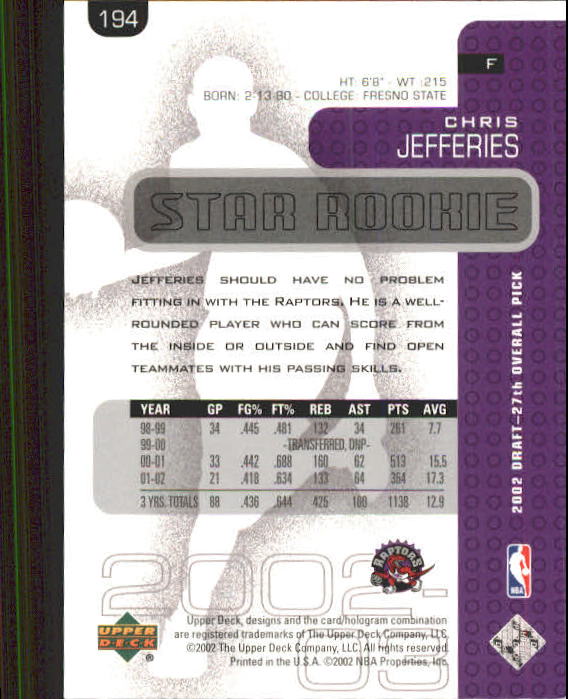 2002/2003 Upper Deck Basketball Part 1 Main Set Cards #1 to #260 - Picture 383 of 499