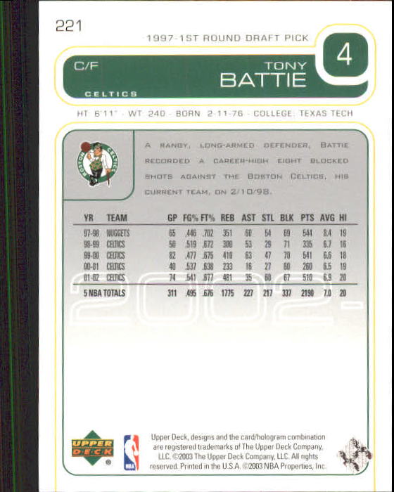 2002/2003 Upper Deck Basketball Part 1 Main Set Cards #1 to #260 - Picture 421 of 499