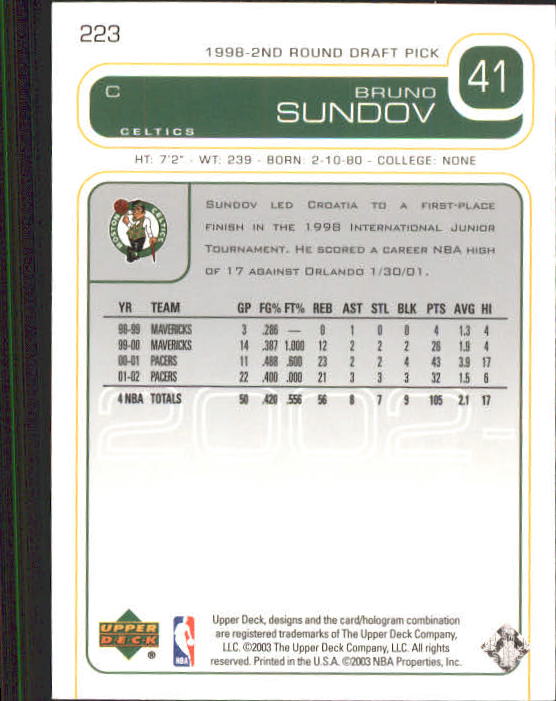 2002/2003 Upper Deck Basketball Part 1 Main Set Cards #1 to #260 - Picture 425 of 499