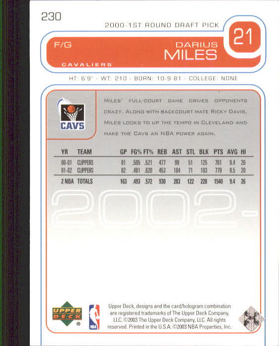 2002/2003 Upper Deck Basketball Part 1 Main Set Cards #1 to #260 - Picture 439 of 499