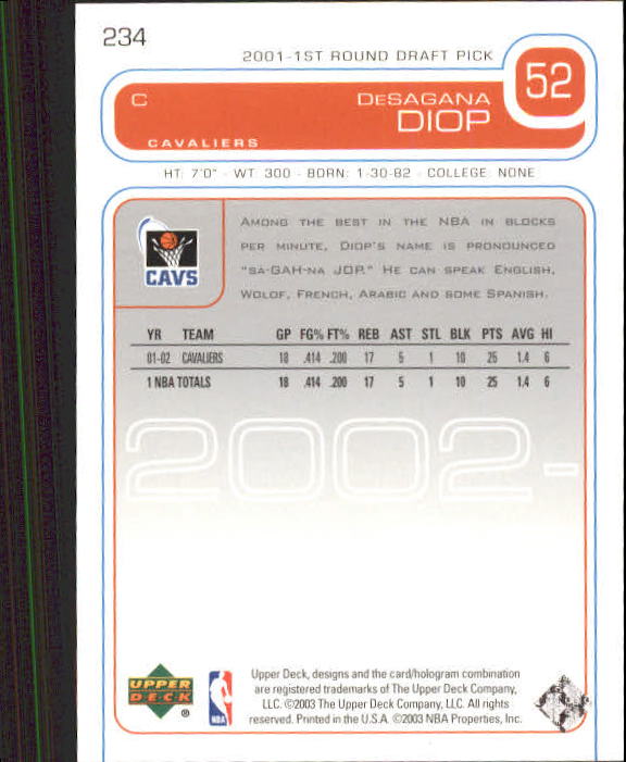 2002/2003 Upper Deck Basketball Part 1 Main Set Cards #1 to #260 - Picture 447 of 499