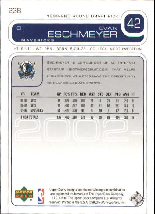 2002/2003 Upper Deck Basketball Part 1 Main Set Cards #1 to #260 - Picture 455 of 499