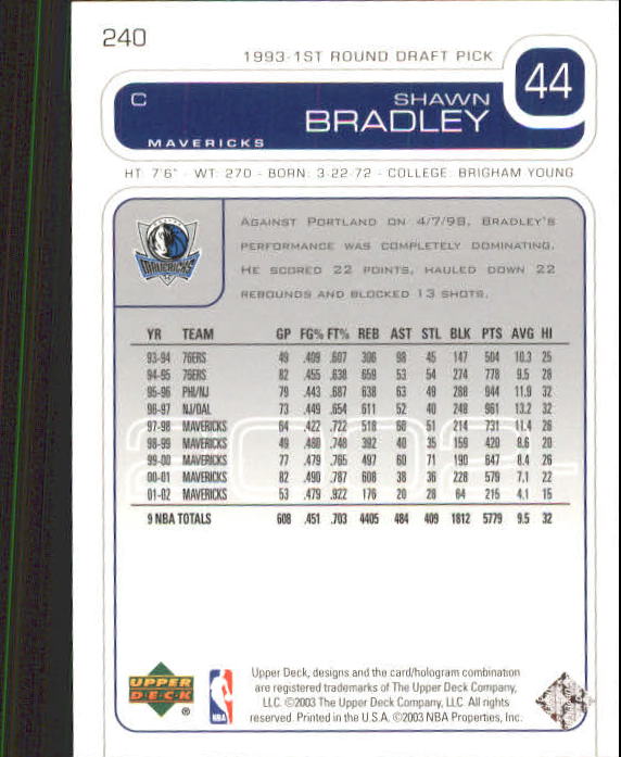 2002/2003 Upper Deck Basketball Part 1 Main Set Cards #1 to #260 - Picture 459 of 499