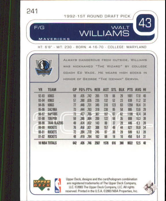 2002/2003 Upper Deck Basketball Part 1 Main Set Cards #1 to #260 - Picture 461 of 499