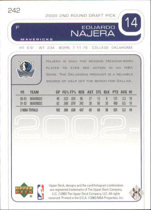 2002/2003 Upper Deck Basketball Part 1 Main Set Cards #1 to #260 - Picture 463 of 499