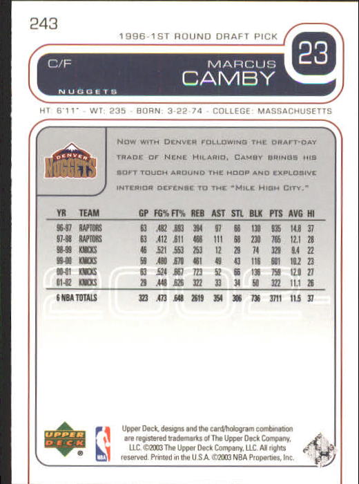 2002/2003 Upper Deck Basketball Part 1 Main Set Cards #1 to #260 - Picture 465 of 499