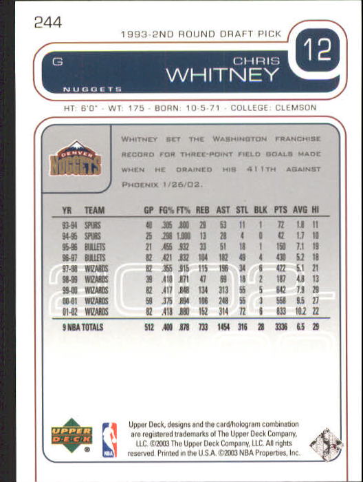 2002/2003 Upper Deck Basketball Part 1 Main Set Cards #1 to #260 - Picture 467 of 499