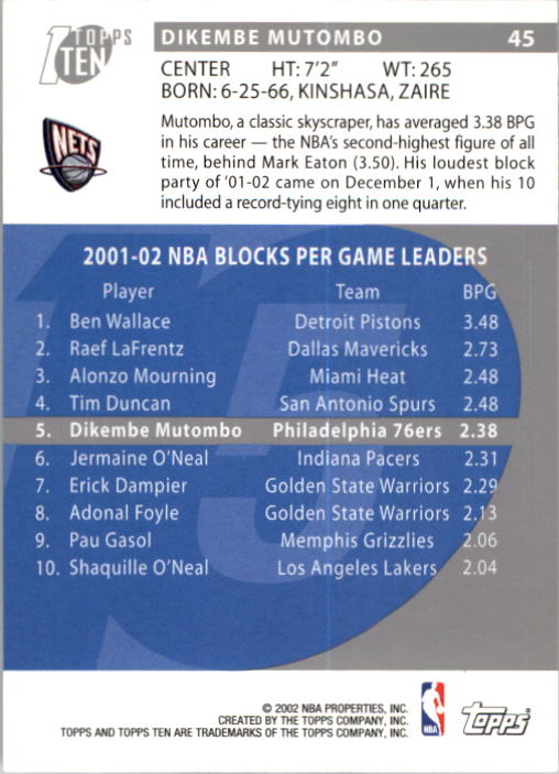 2002-03 Topps Ten Basketball Card Pick - Picture 70 of 209