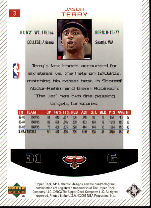 2002/2003 SP Authentic (Upper Deck) Basketball - Picture 303 of 307
