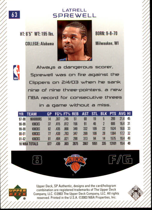2002/2003 SP Authentic (Upper Deck) Basketball - Picture 183 of 307