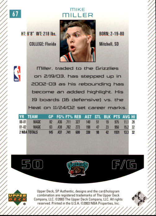 2002/2003 SP Authentic (Upper Deck) Basketball - Picture 175 of 307