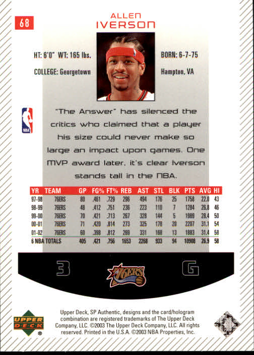 2002/2003 SP Authentic (Upper Deck) Basketball - Picture 173 of 307