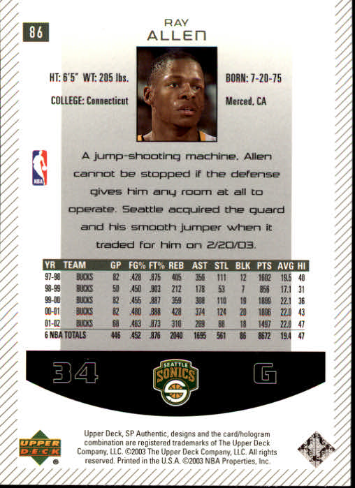 2002/2003 SP Authentic (Upper Deck) Basketball - Picture 137 of 307
